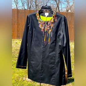 Chico’s women’s NWOT black long beaded jacket with lime green liner